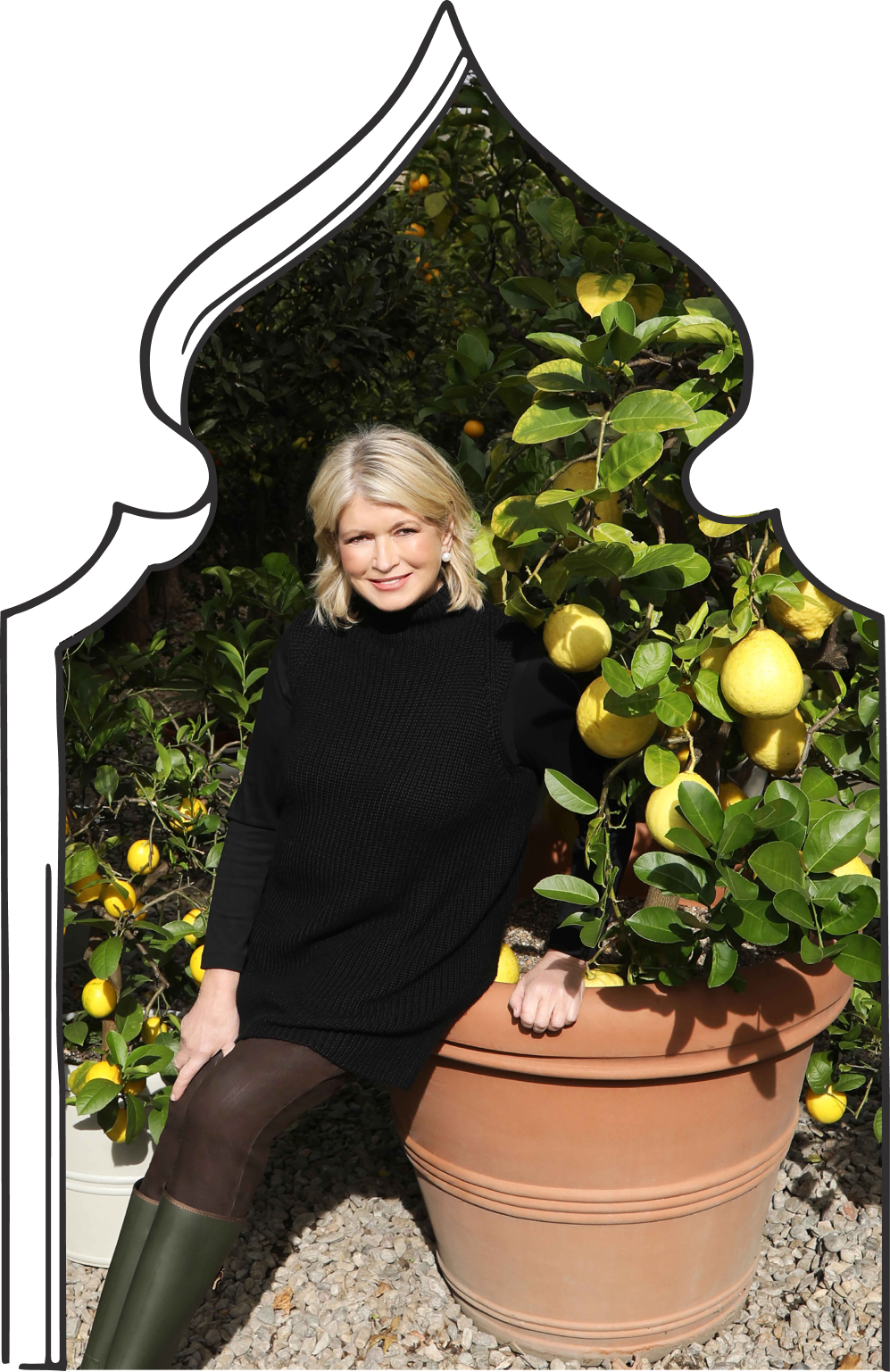 Martha Stewart leaning on a lemon tree in a pot. 