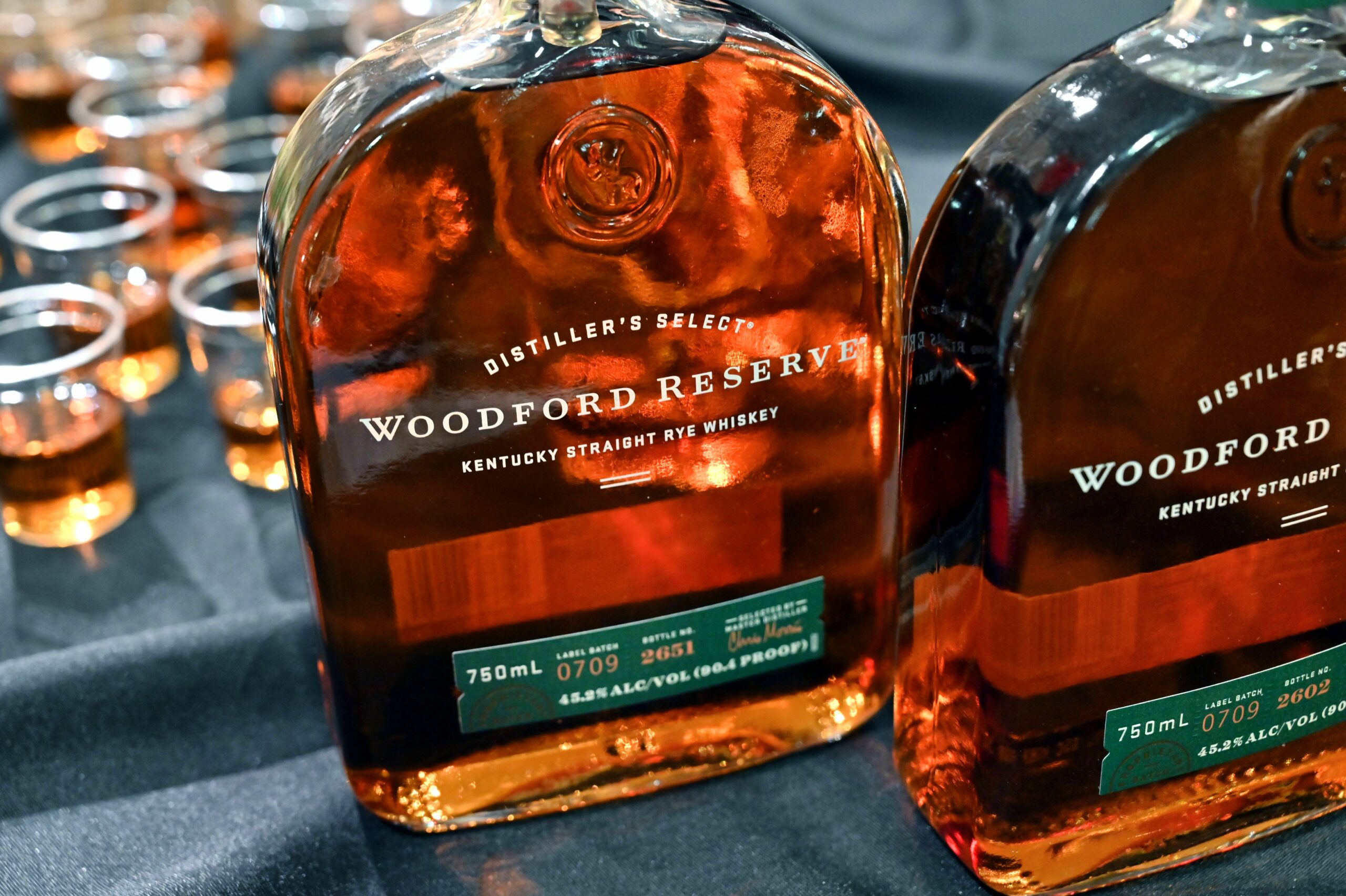 Close up photograph of bourbon bottles